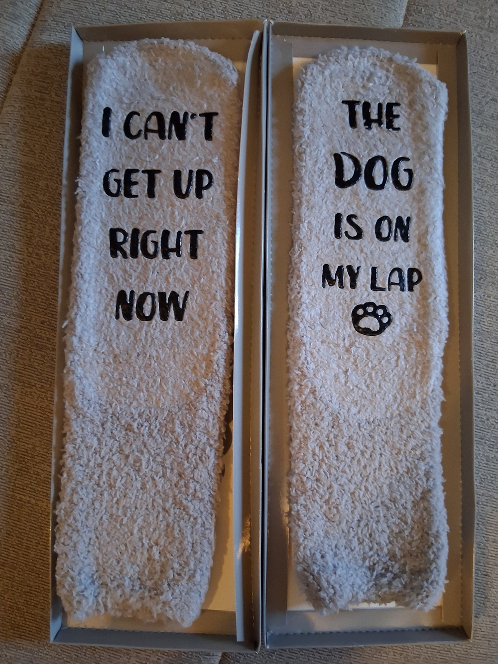 Cozy Gray Fuzzy Slipper Socks with Dog Paw Message NIB